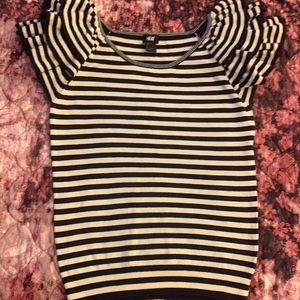 Ruffles cap sleeve navy and white striped sweater.